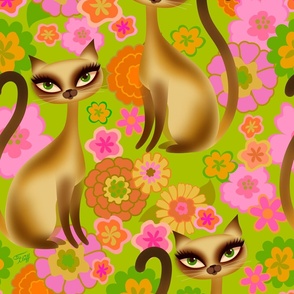 XTRA LARGE-Siamese Cats and Mod Retro Flowers