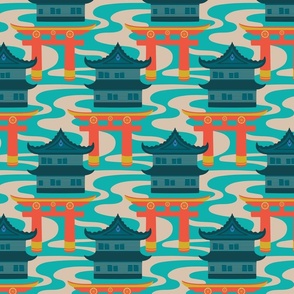 Edo Traditional Japanese Castles and Oriental Japan Torii Gates with Flowing River in Rainbow Palette Turquoise Orange Teal Yellow - SMALL Scale - UnBlink Studio by Jackie Tahara