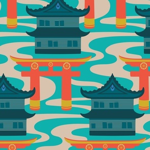 Edo Traditional Japanese Castles and Oriental Japan Torii Gates with Flowing River in Rainbow Palette Turquoise Orange Teal Yellow - MEDIUM Scale - UnBlink Studio by Jackie Tahara