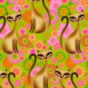 LARGE-Siamese Cats and Mod Retro Flowers