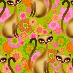 MEDIUM-Siamese Cats and Mod Retro Flowers