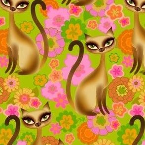 SMALL-Siamese Cats and Mod Retro Flowers