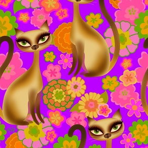 XTRA LARGE-Siamese Cats and Mod Retro Flowers Purple