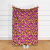 LARGE-Siamese Cats and Mod Retro Flowers Purple