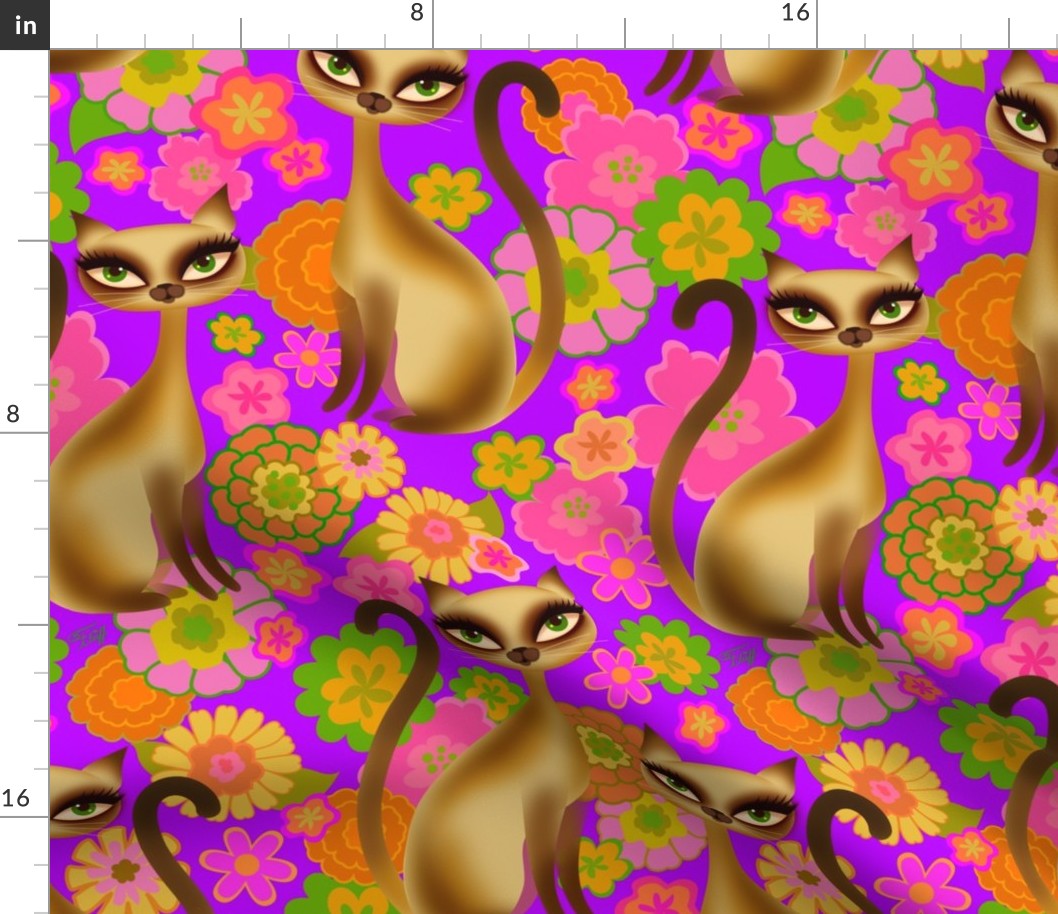 LARGE-Siamese Cats and Mod Retro Flowers Purple
