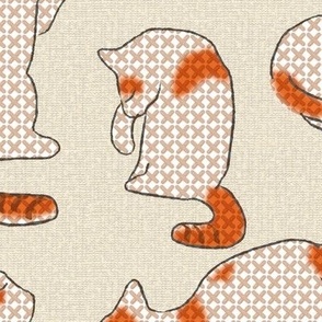 Cross-stitch Cats Orange and White on Cream Linen Look