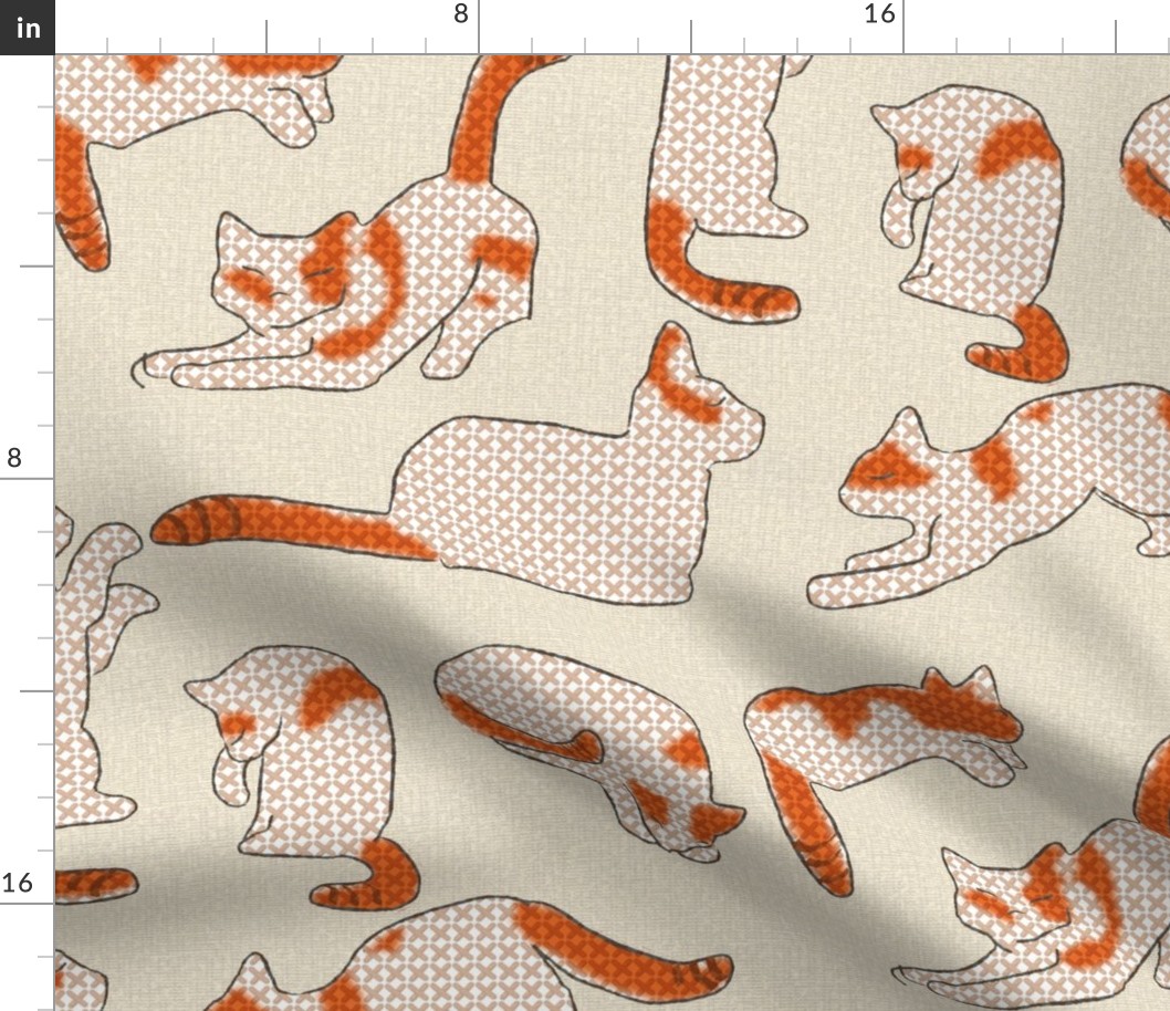 Cross-stitch Cats Orange and White on Cream Linen Look