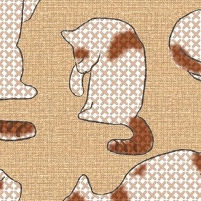 Cross-stitch Cats Brown and White on Beige Linen Look