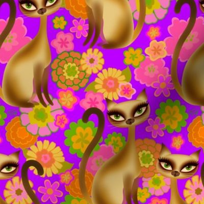 MEDIUM-Siamese Cats and Mod Retro Flowers Purple