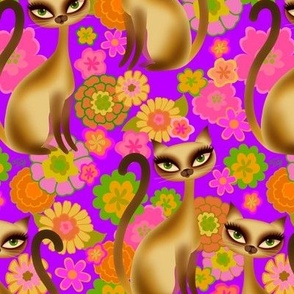 MEDIUM-Siamese Cats and Mod Retro Flowers Purple