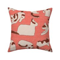 Cross-stitch Cats Reddish Brown and White on Pink Linen Look