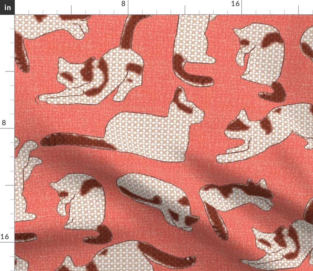 Cross-stitch Cats Reddish Brown and White on Pink Linen Look