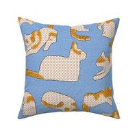 Cross-stitch Cats Yellow and White on Blue Linen Look