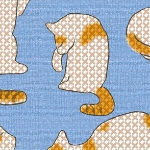 Cross-stitch Cats Yellow and White on Blue Linen Look