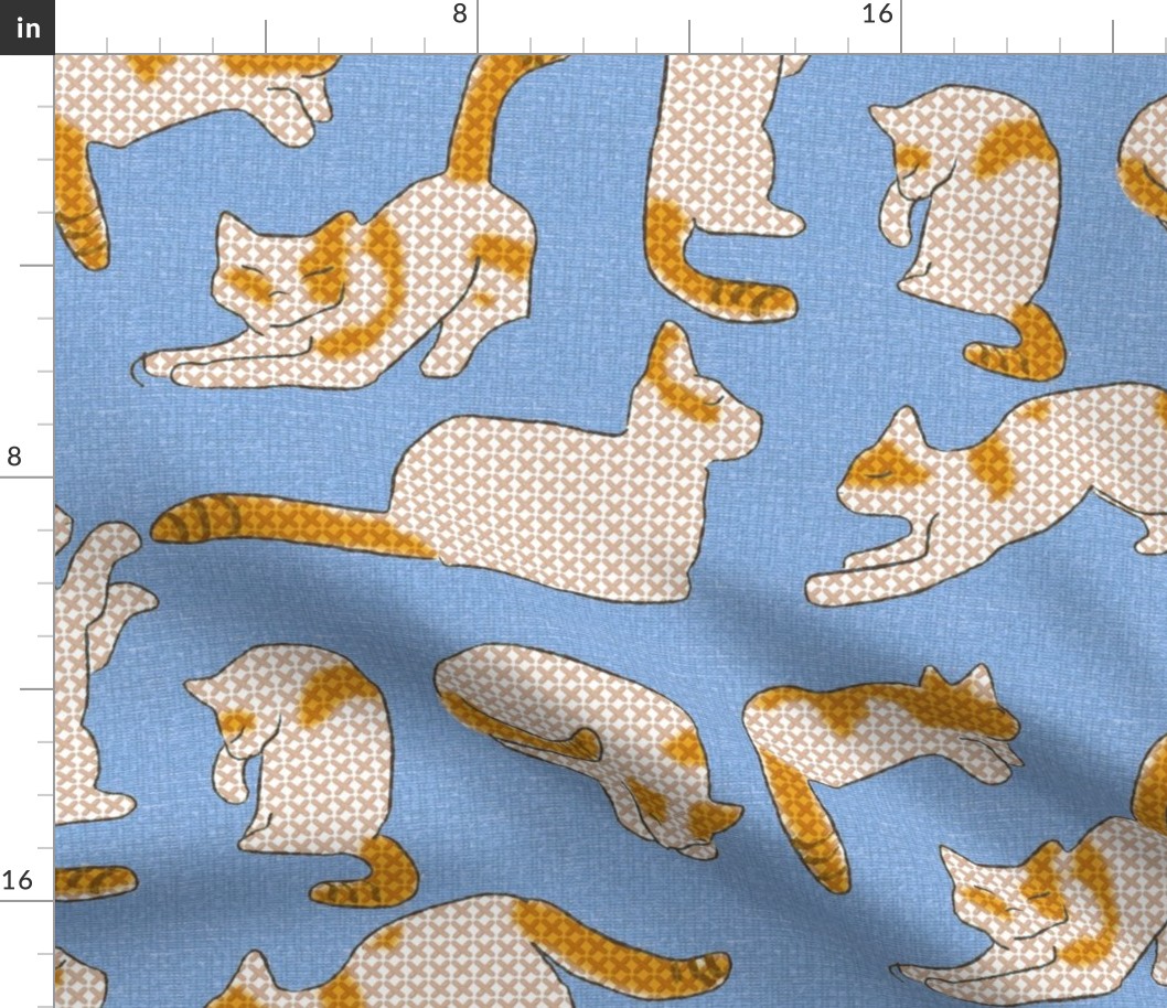 Cross-stitch Cats Yellow and White on Blue Linen Look