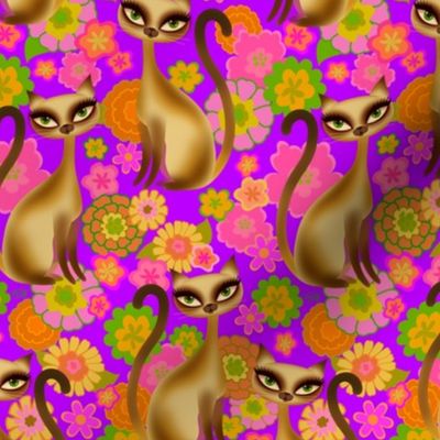 SMALL-Siamese Cats and Mod Retro Flowers Purple