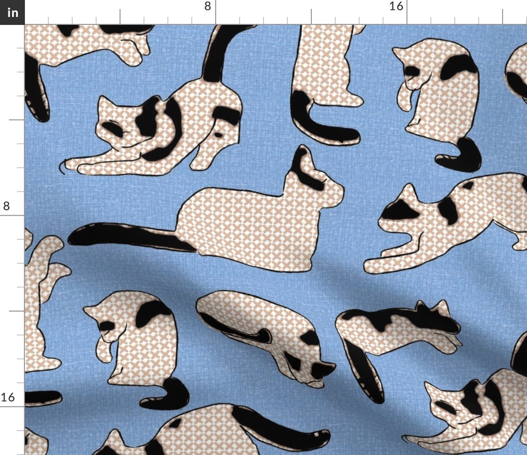 Cross-stitch Cats Black and White on Blue Linen Look
