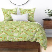 Cross-stitch Cats Yellow and White on Lime Green Linen Look