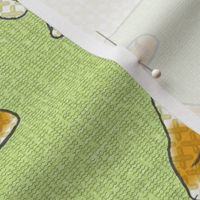 Cross-stitch Cats Yellow and White on Lime Green Linen Look