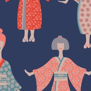 Kimono Ladies Traditional Japanese Geisha Women in Traditional Palette Blush Rust Blue Gray - LARGE Scale - UnBlink Studio by Jackie Tahara