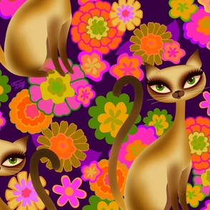 XTRA LARGE-Siamese Cats and Mod Retro Flowers Plum