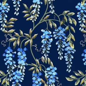 Trailing Wisteria Floral - Vibrant Blue on Indigo Blue