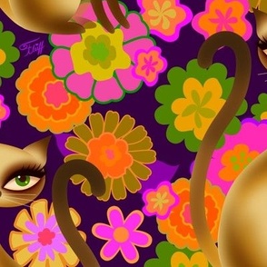 LARGE-Siamese Cats and Mod Retro Flowers Plum