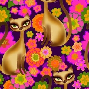 MEDIUM-Siamese Cats and Mod Retro Flowers Plum