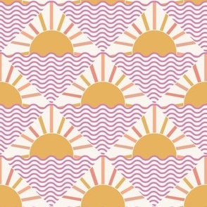 Sunset over the water in lilac and mustard on cream