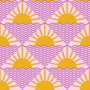 Sunset over the water in lilac and mustard