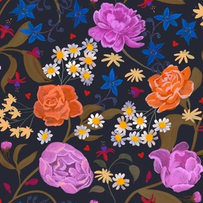 love + flowers - peony + rose, feverfew daisy, borage starflower allover floral trailing print