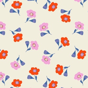 Vector Florals in Poppy Red and Poppy Red on Beige