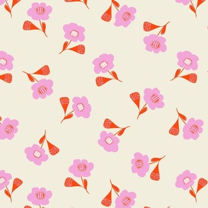 Vector Florals in Cotton candy pink and Poppy Red on Beige