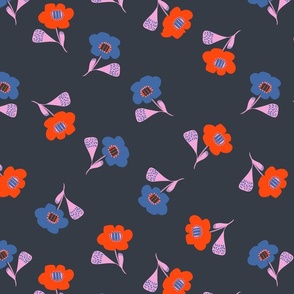 Vector Florals in Poppy Red and Blue on Black: Allover Elegance