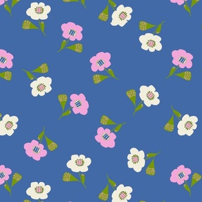 Vector Florals in white and cotton candy pink on blue 