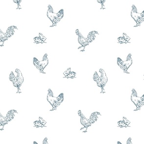 Vintage Chickens Sketched Blue and White