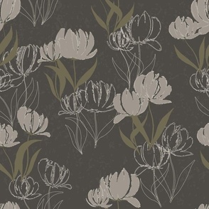 Large Nature Botanical Tulip Flowers and Blossom Outlines Silhouettes in Neutral Pinkish Beige Cream Green and Dark Gray Brown Colors