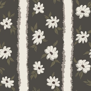 Traditional Striped Floral - Neutral Botanical Cream Green Flowers Scattered Between Hand Drawn Cream Stripes on Dark Brown Gray Background