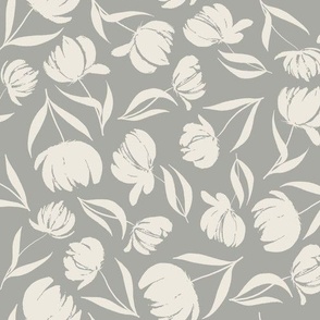 Blossom Cascade - Cream Tulip Floral Illustrations Scattered Atop Muted Blue Gray Background