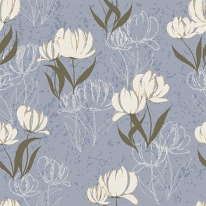 Large Nature Botanical Tulip Flowers and Blossom Outlines Silhouettes in Cream Green and Muted Blue Colors