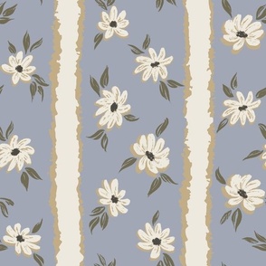 Traditional Striped Floral - Neutral Botanical Cream Green Flowers Scattered Between Hand Drawn Cream Stripes on Muted Blue Background