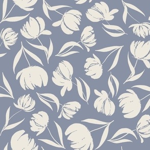 Blossom Cascade - Large Nature Botanical Cream Tulip Flower Shapes Illustrations Scattered Tossed on Muted Dusty Blue Background