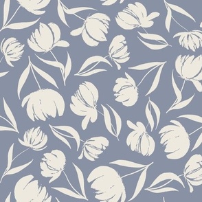 Blossom Cascade - Cream Floral Tulip Illustrations Scattered Atop Muted Dusty Blue Background