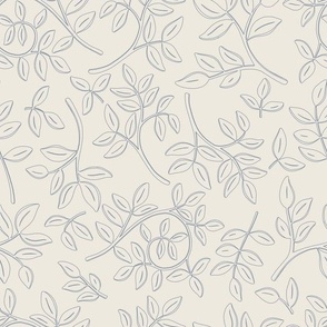 Tangled Vine Leaf Outlines - Nature Botanical Muted Blue Vine Leaves Outlines Scattered Atop Cream Background