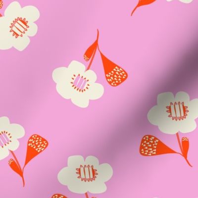Vector Florals in white with red on cotton candy pink 