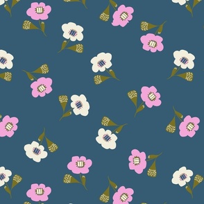Vector Florals in cotton candy pink and white  on navy blue