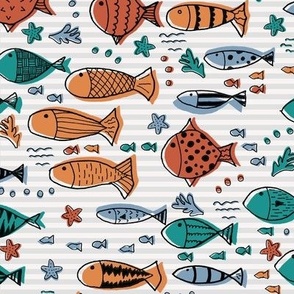 Colorful Fish School in Grey Stripes