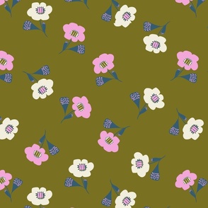 Vector Florals in white and cotton candy pink on sage green