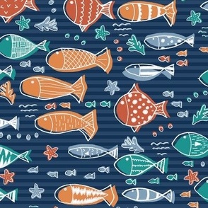 Colorful Fish School in Blue Stripes