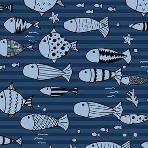 Monochromatic Fish School in Blue Stripes 